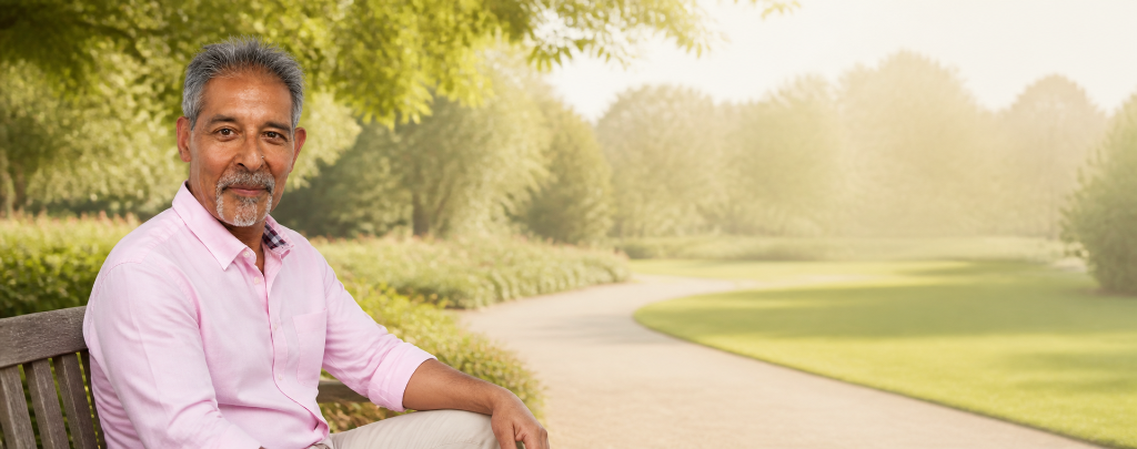 Surinder Sandhu seated in a tranquil park setting