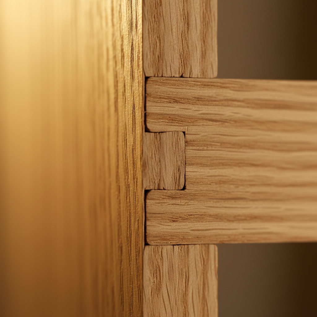 Macro photograph of a perfectly cut dovetail wood joint