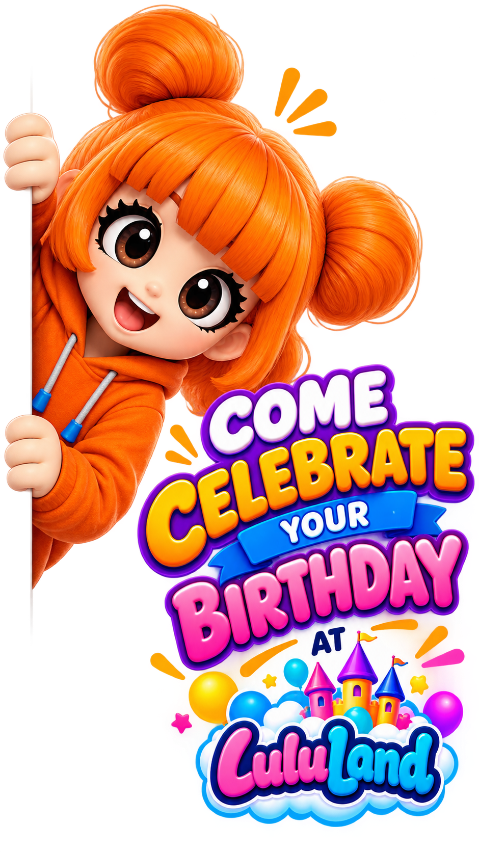 LuluLand mascot inviting you to celebrate your birthday