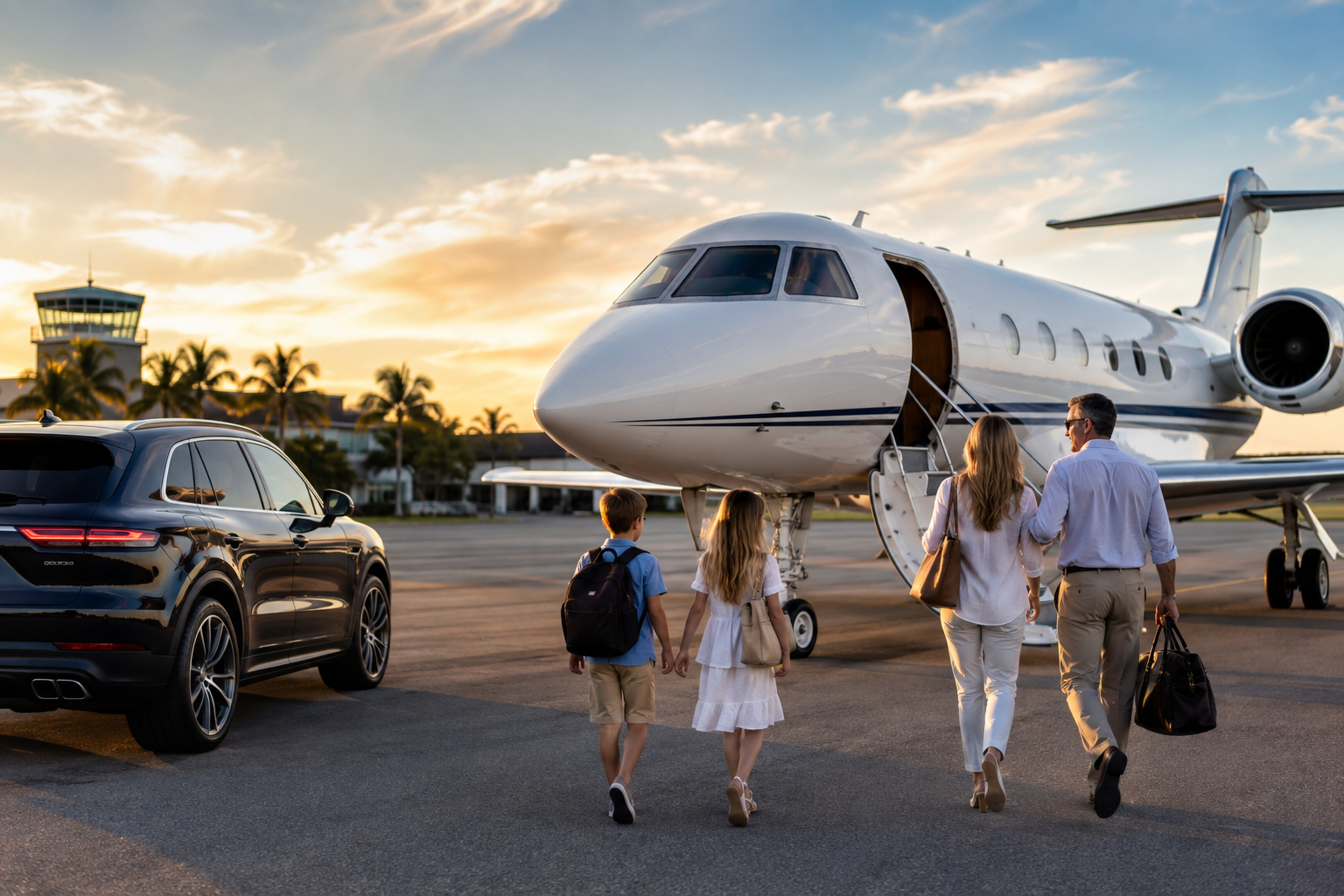 Family boarding a private jet at sunset