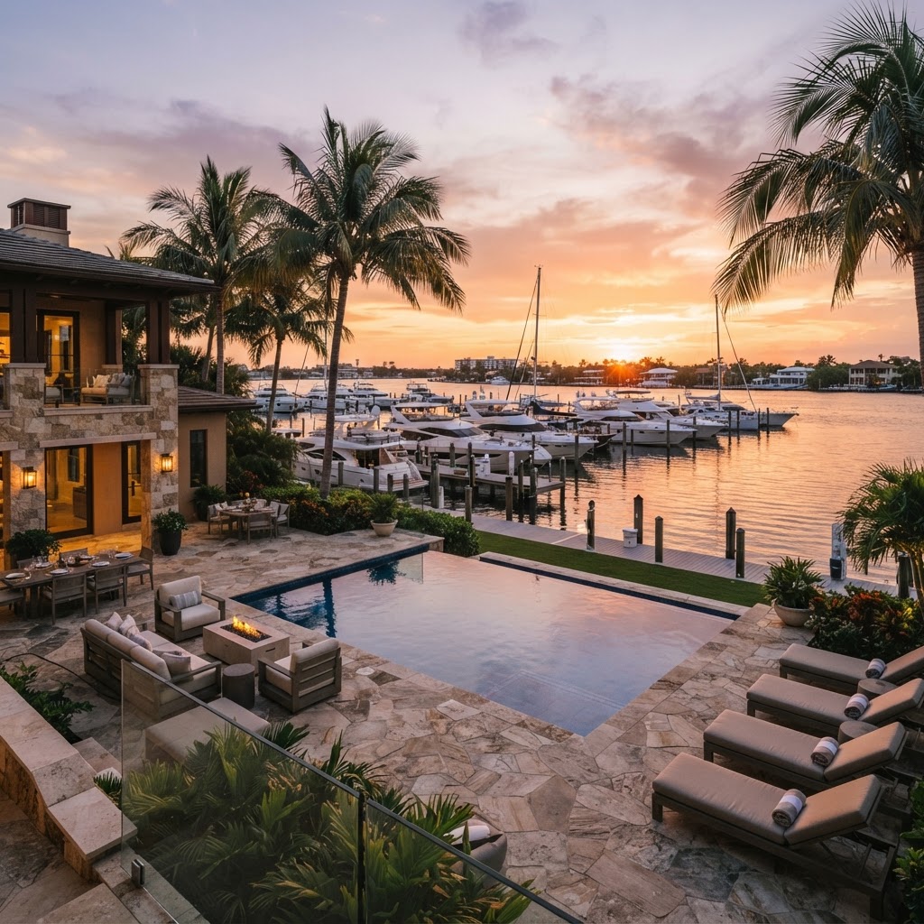 Sunset over a coastal patio with pool overlooking a marina