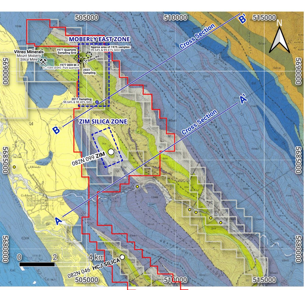 Citadel Minerals geological map with cross-section lines, property outline, Moberly East and ZIM zones