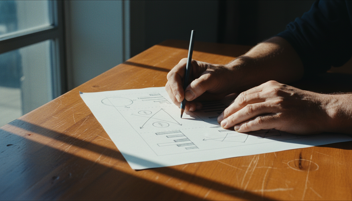 Hands sketching a financial plan on a wooden desk