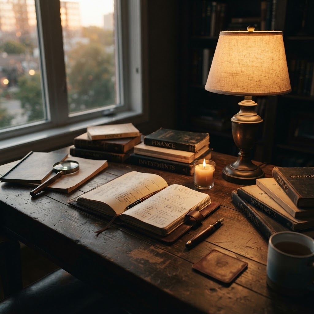 A contemplative study space with books, journals, and warm golden lighting