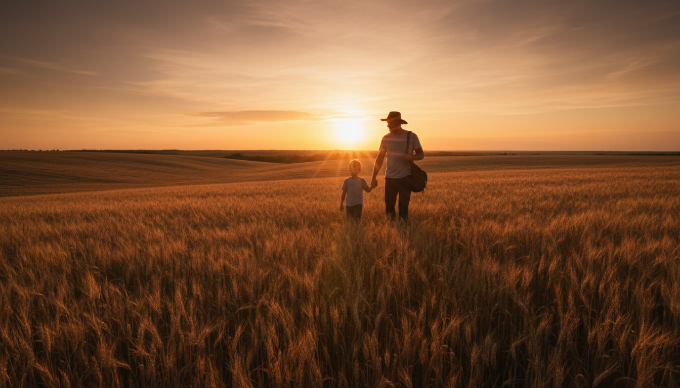 Father and son walking through golden field at dusk