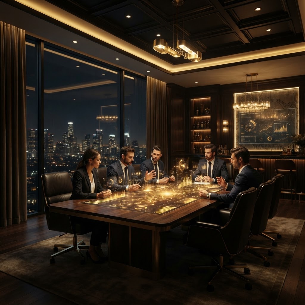 Premium business boardroom with golden analytics