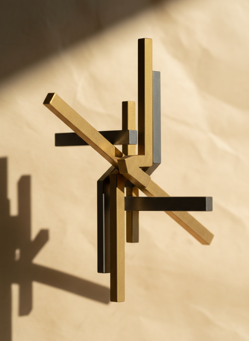Precision geometric brass sculpture with balanced architectural forms in warm ochre and slate tones