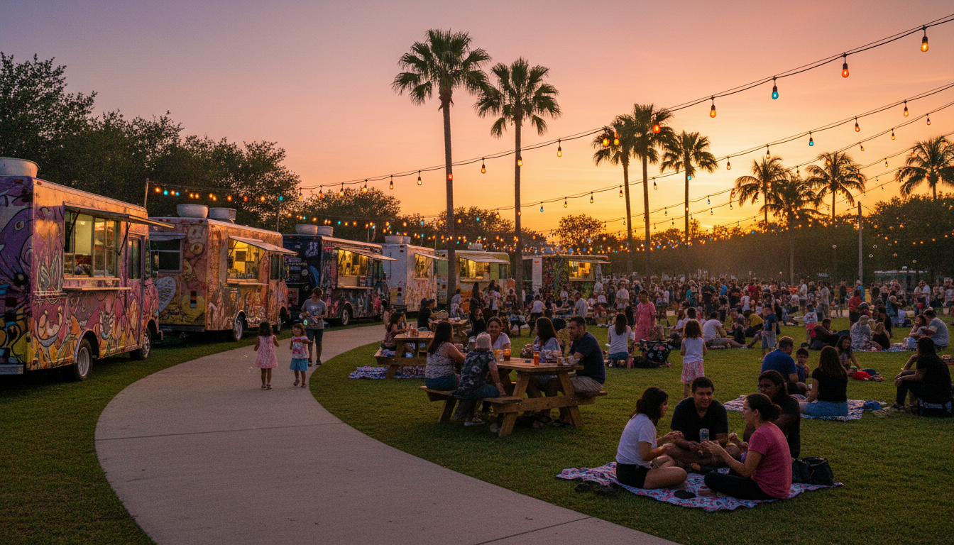 Evening food truck gathering in a Miami park