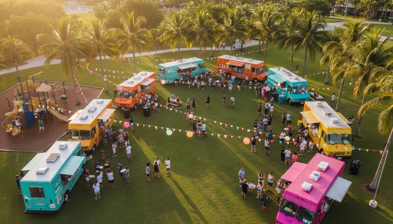 Aerial view of community food truck gathering