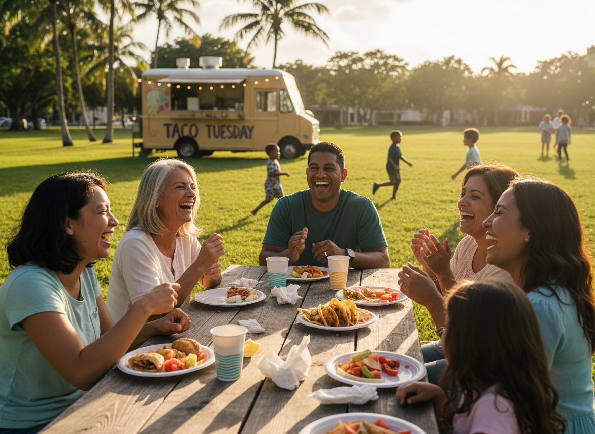 Multi-generational family laughing at a picnic table with food trucks