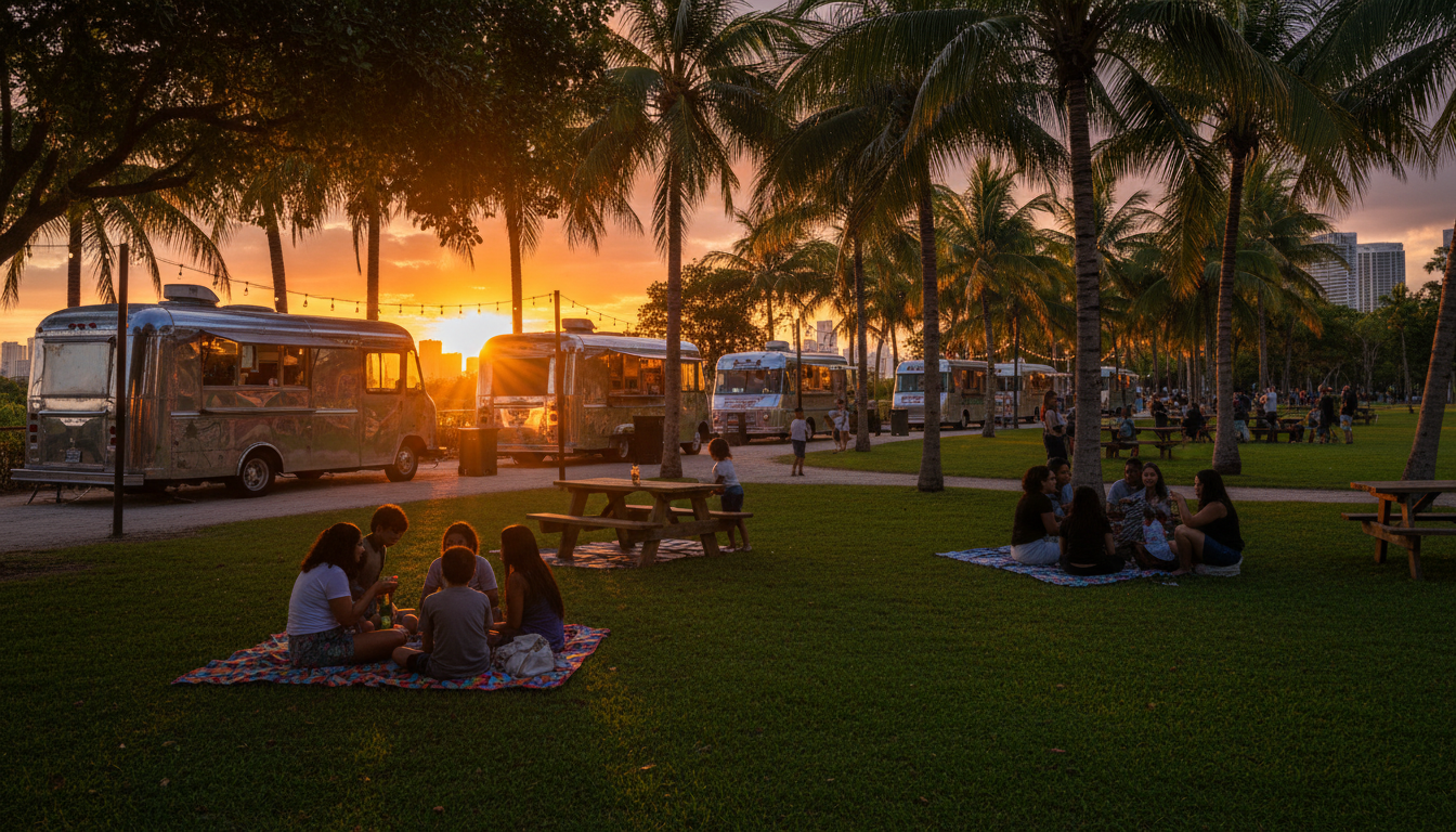 Food trucks lined up at sunset in a Miami park