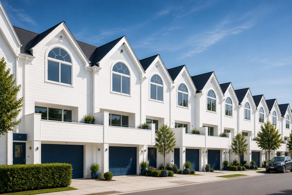 Rij moderne witte woningen met blauwe garagedeuren