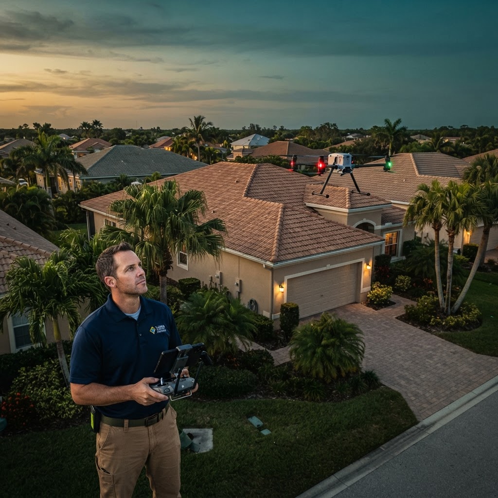 Aerial drone view of a Florida home and roof at dusk — dark, atmospheric backdrop