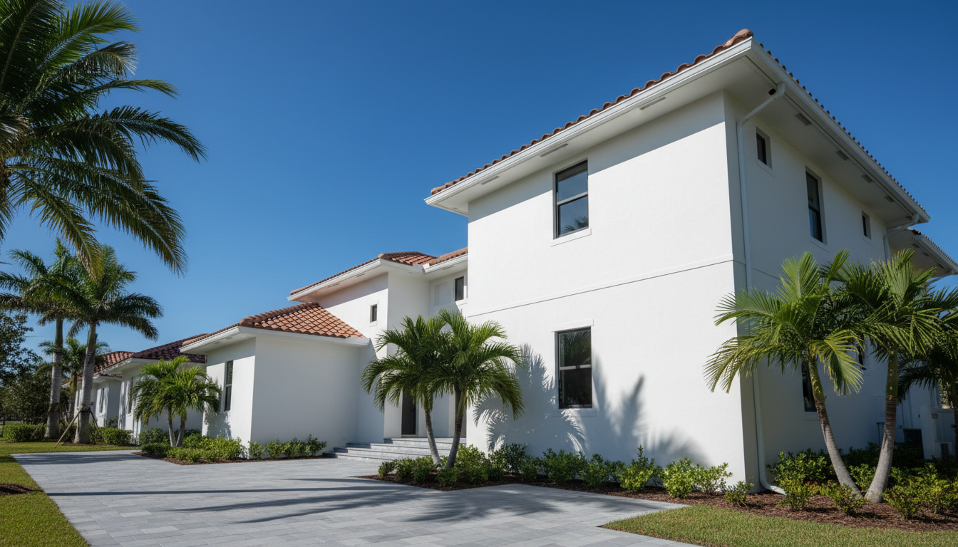 Modern Florida residential estate under clear sky, architectural perspective showing clean roofline