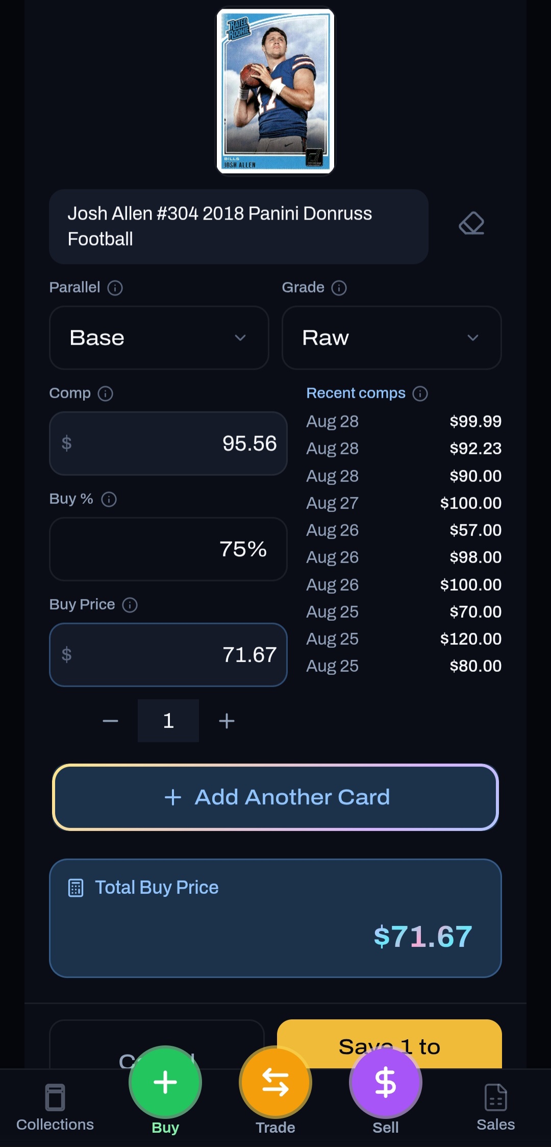 Buy flow with card comps, buy percentage, and buy price calculation