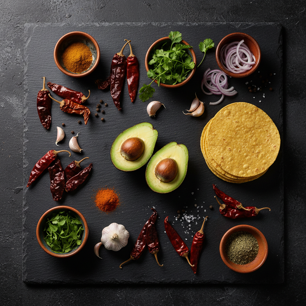 Mexican cooking ingredients arranged artfully in mise en place style