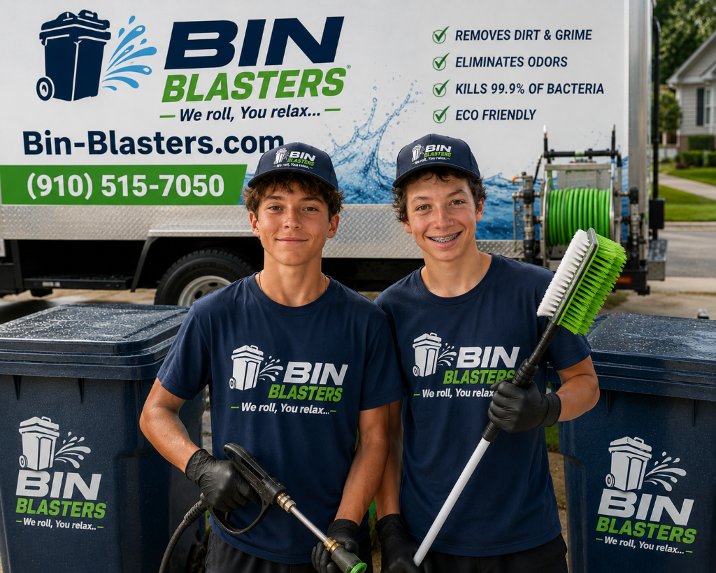 The Bin-Blasters team standing in front of the Bin Blasters service truck with pressure washing equipment