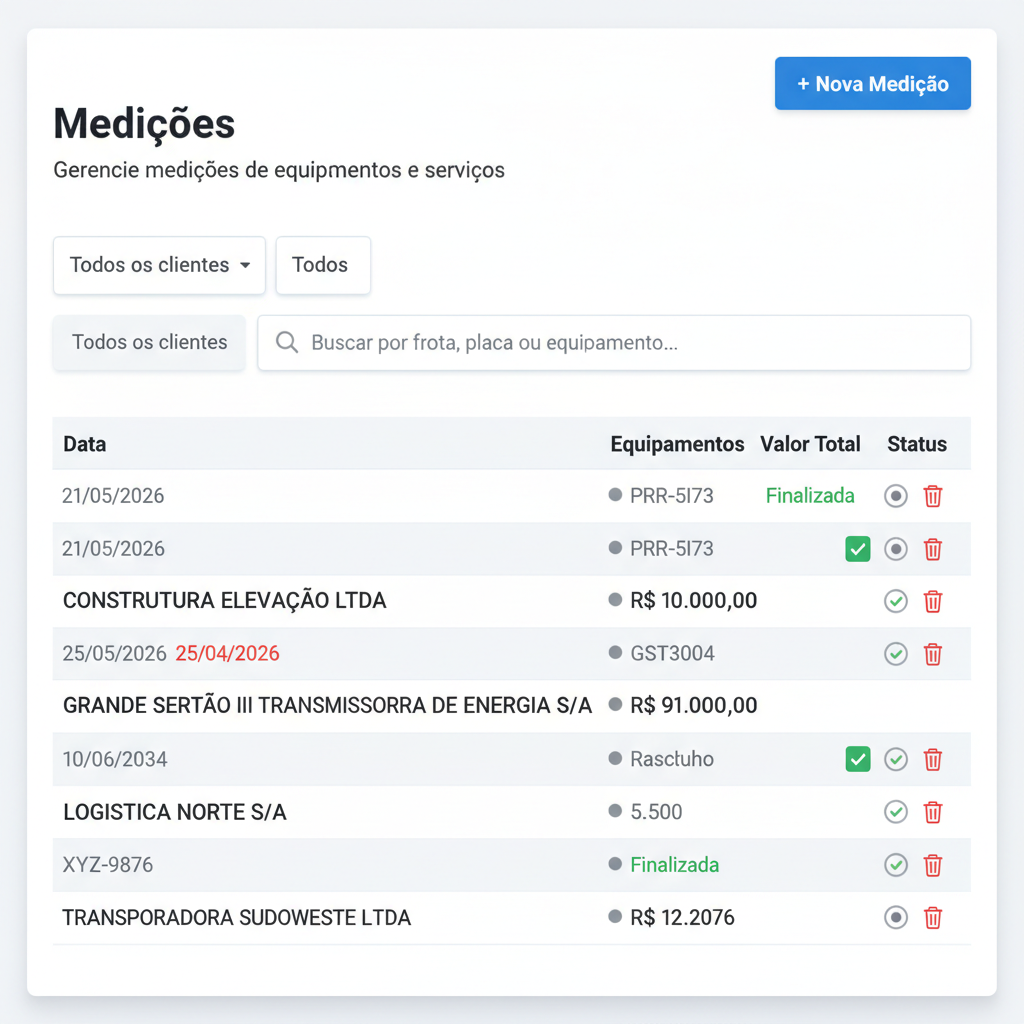 Tela de medições e faturas de locações