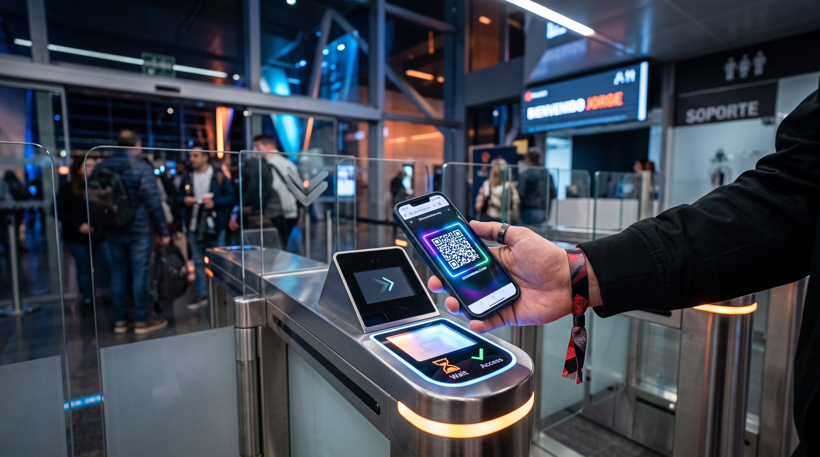 Visitante validando su boleto QR en un torniquete de acceso