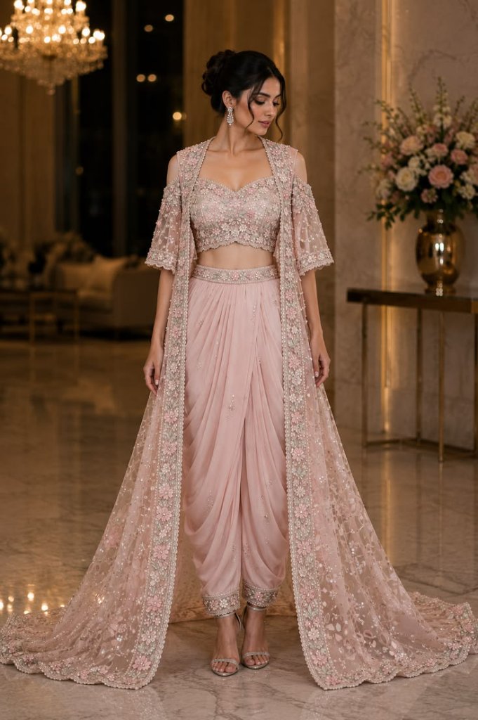 Woman in blush pink embroidered occasion wear