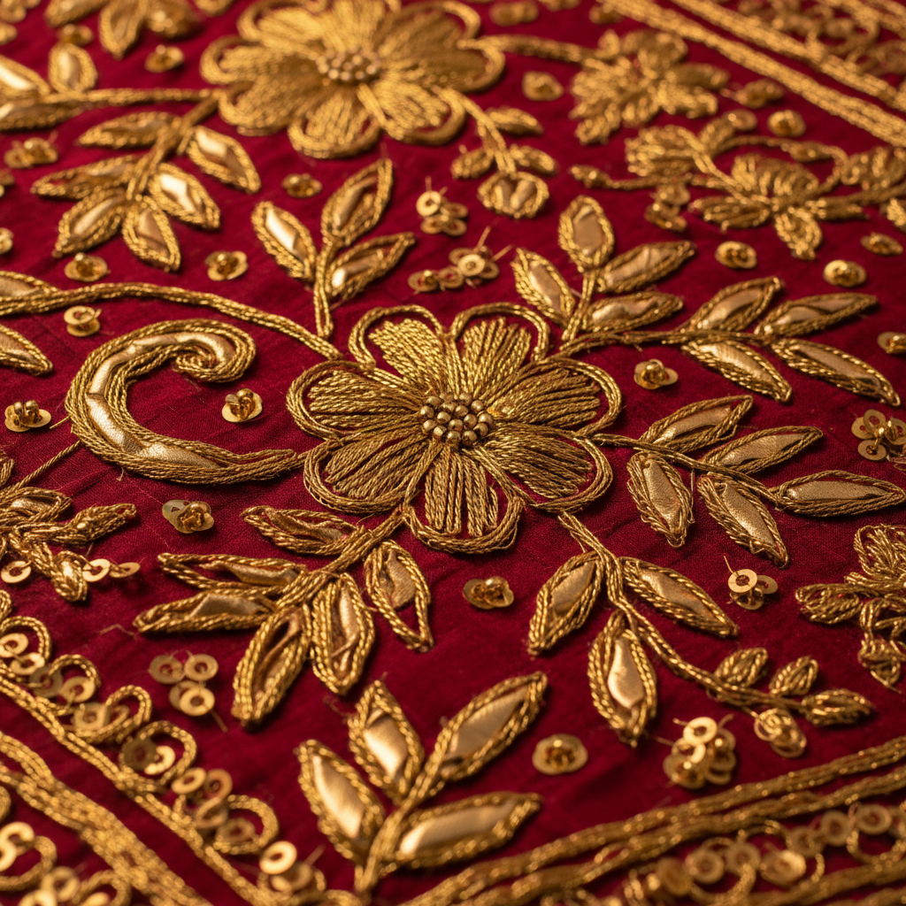 Close-up of gold zardosi embroidery