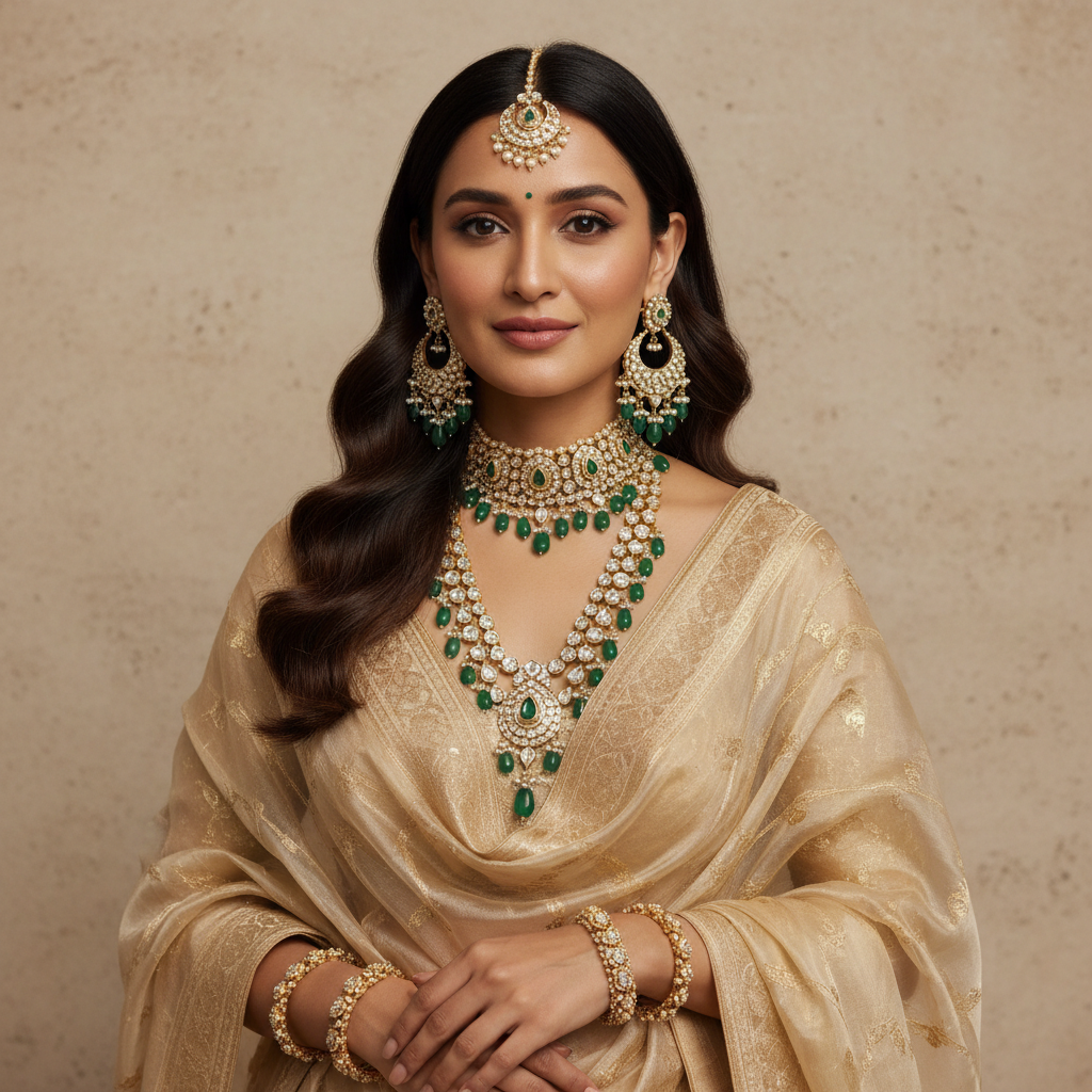 Indian woman wearing ornate gold polki jewellery