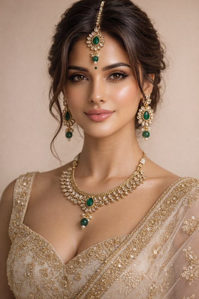 Woman wearing traditional gold polki jewellery