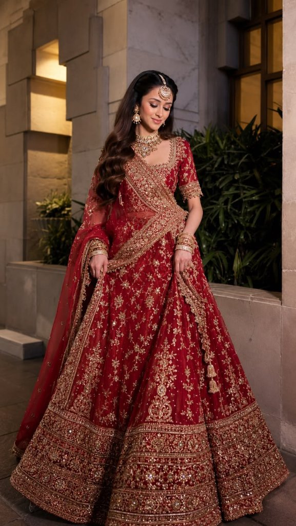 Bride in deep red embroidered bridal lehenga