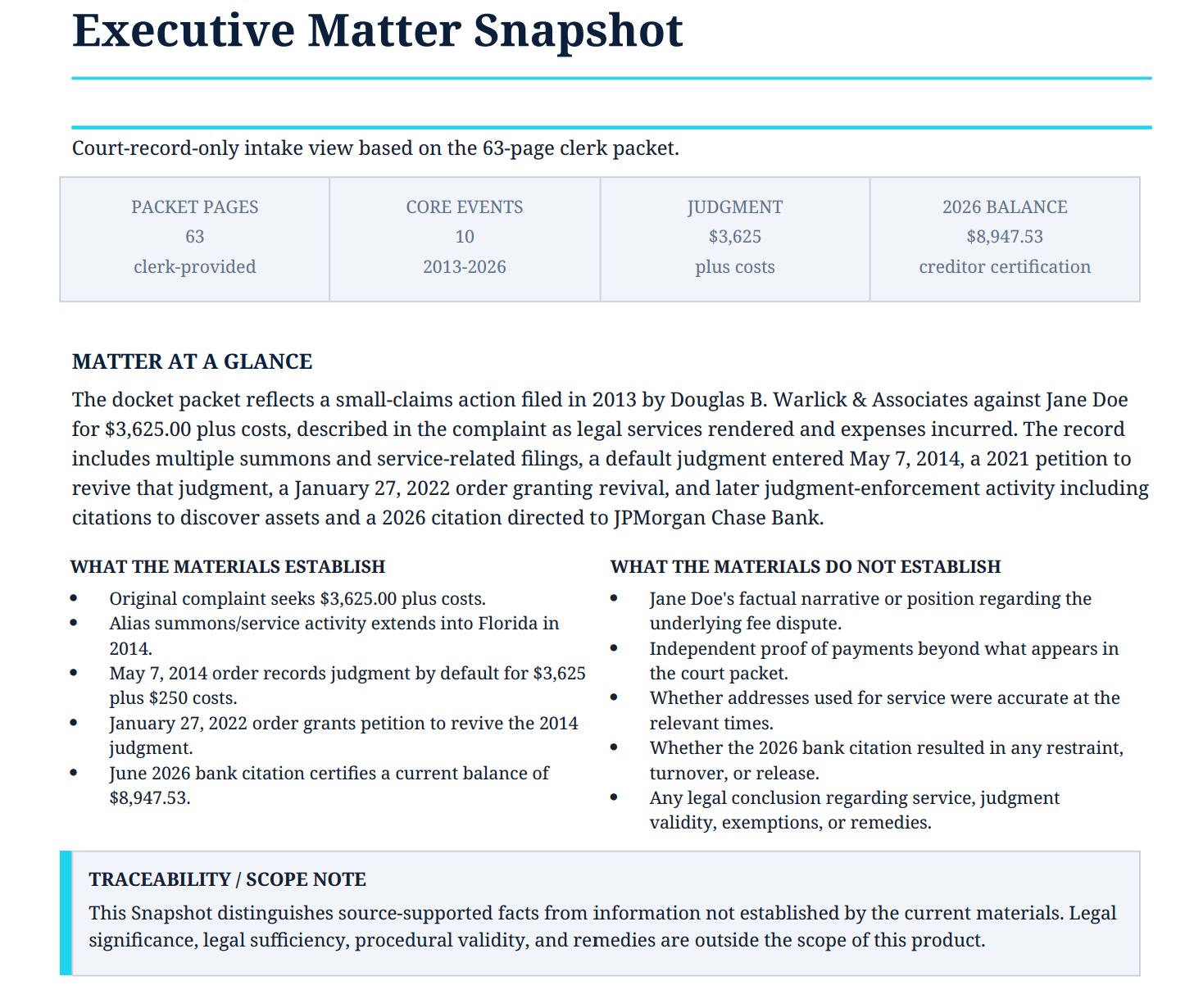P01 — Client Case Snapshot: Executive Matter Snapshot — representative privacy-protected preview