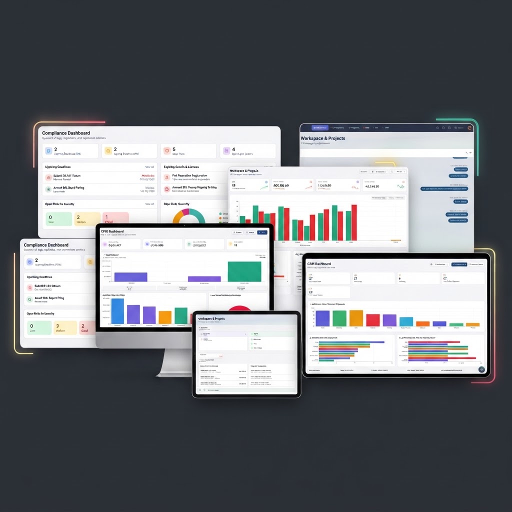 EzFlow unified operations dashboard — CRM, Finance, Compliance, HR and Workspace