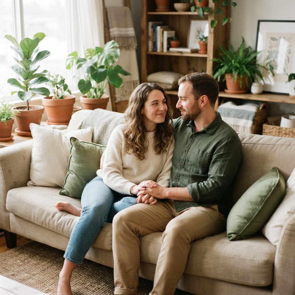 A couple sharing a connected moment in a warm, sunlit space