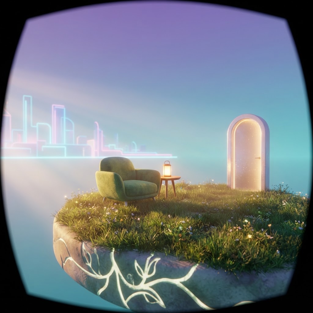 A serene virtual reality world — a single armchair on a floating island at golden hour