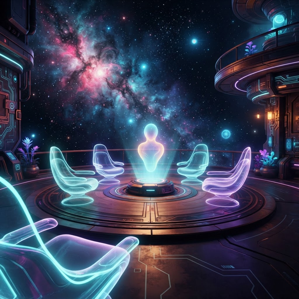 A cozy VR therapy lounge floating in a starry nebula with a circle of glowing avatar chairs