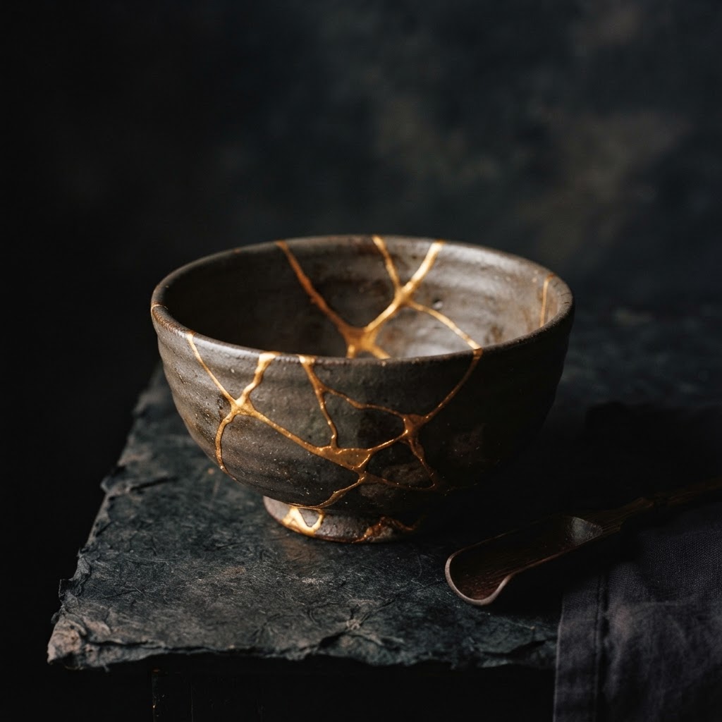 A kintsugi bowl repaired with gold — repair that makes something stronger and more beautiful