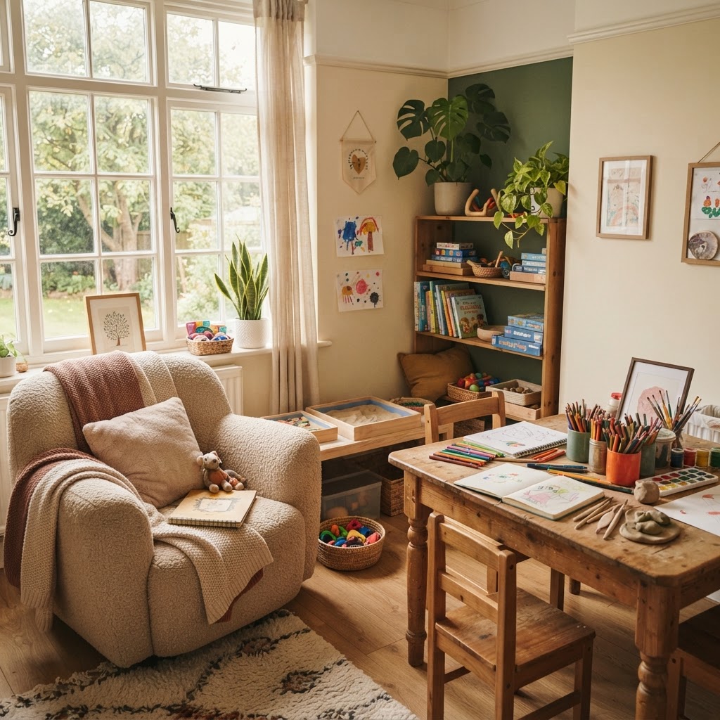 A warm, creative counseling space for children and teens