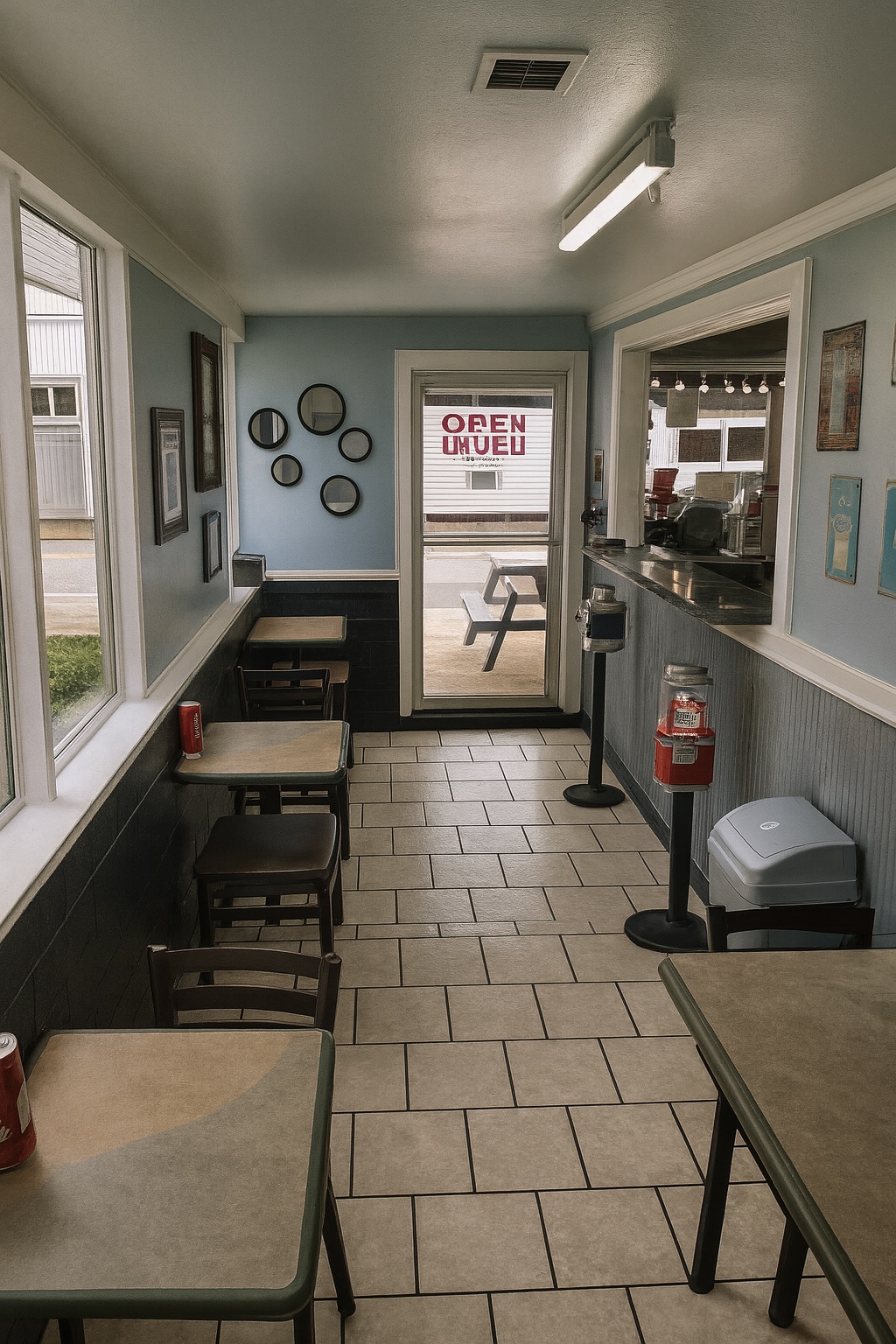 Inside the Flavor Isle dining room looking toward the front door