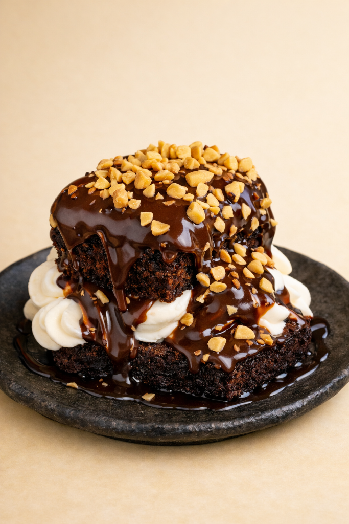 Brownie dessert with fudge and peanuts