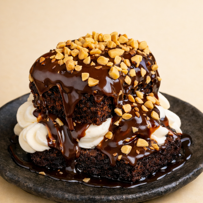 Brownie dessert with fudge and peanuts