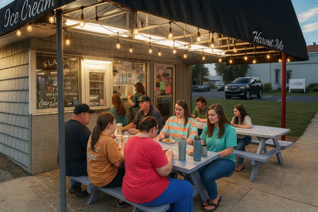 Families eating at picnic tables under string lights
