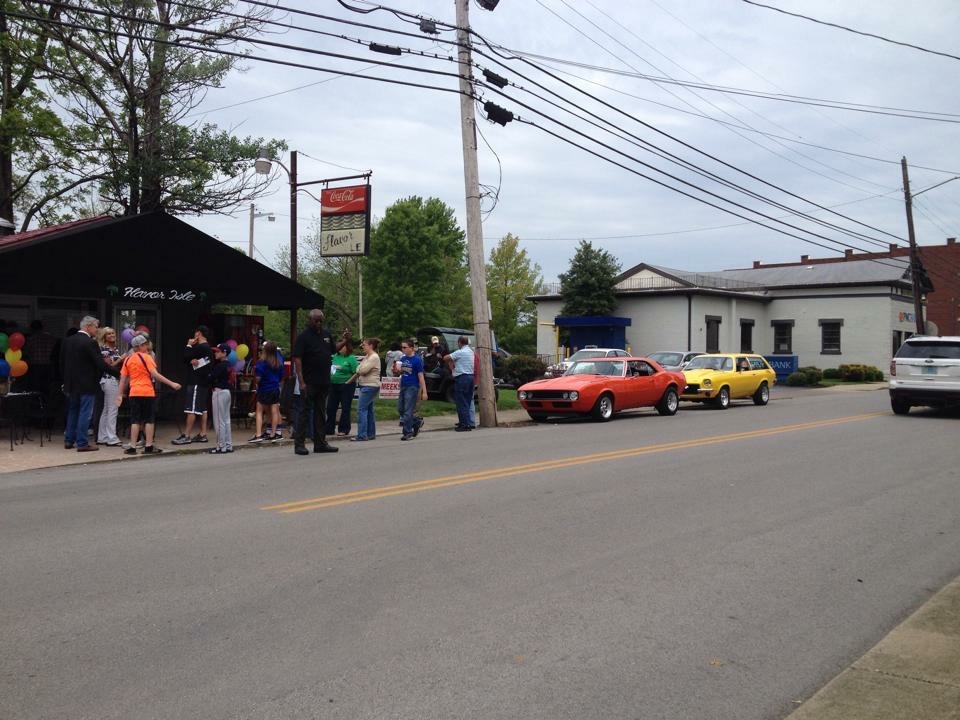 Classic cars parked on Main Street during the 50th anniversary