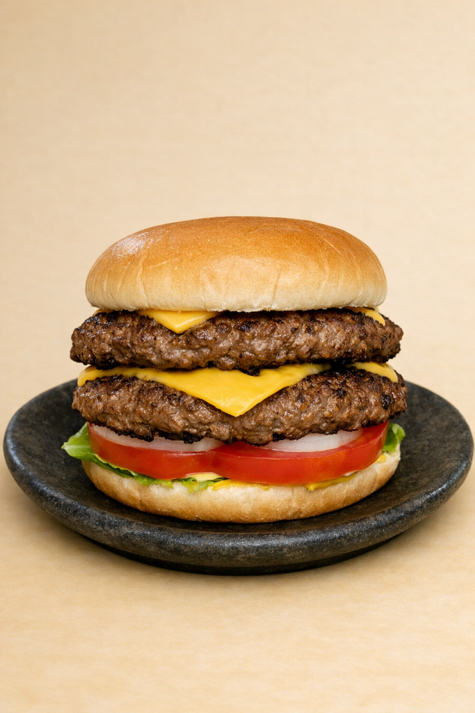 Double cheeseburger with lettuce, tomato and onion