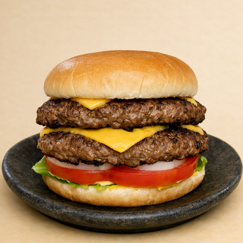 Double cheeseburger with lettuce, tomato and onion