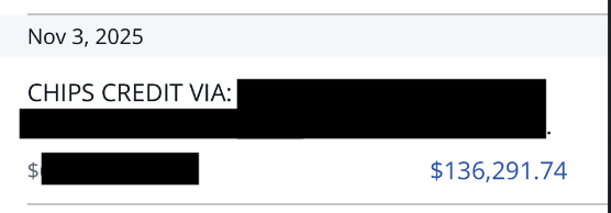 Bank record showing a $136,291.74 CHIPS credit cleared into the business account.