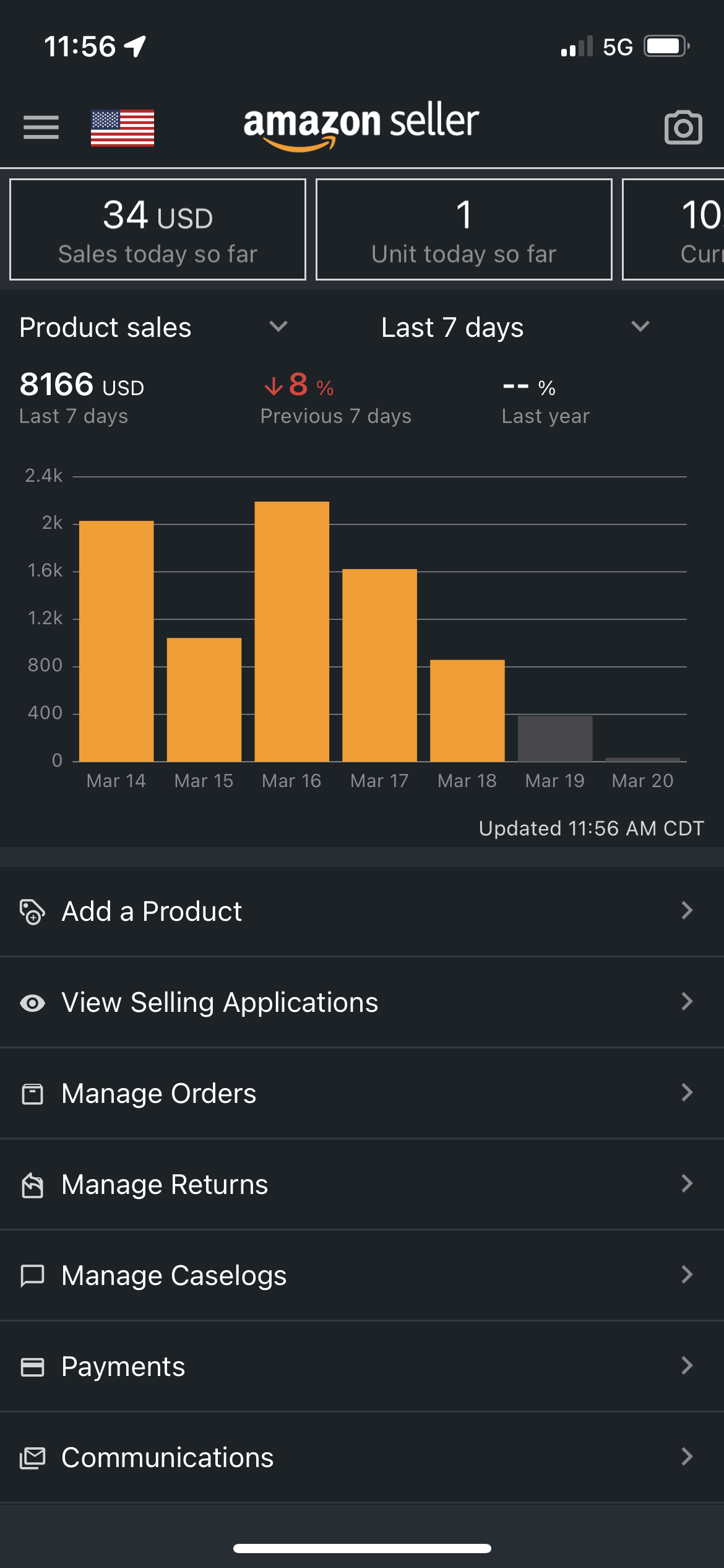 Amazon Seller app showing a slower week at $8,166 in sales over 7 days, kept in for honesty.