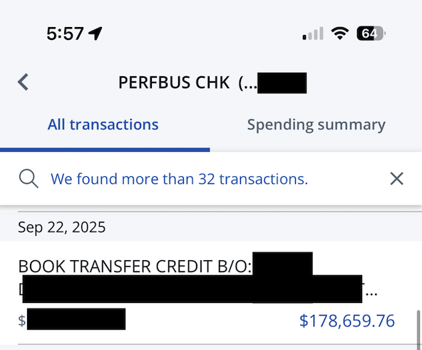 Bank record showing a $178,659.76 book transfer credit into the business account.