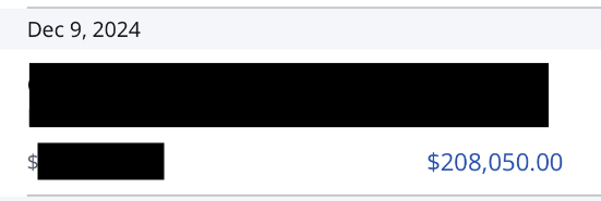 Bank record showing a $208,050.00 cleared credit into the business account.
