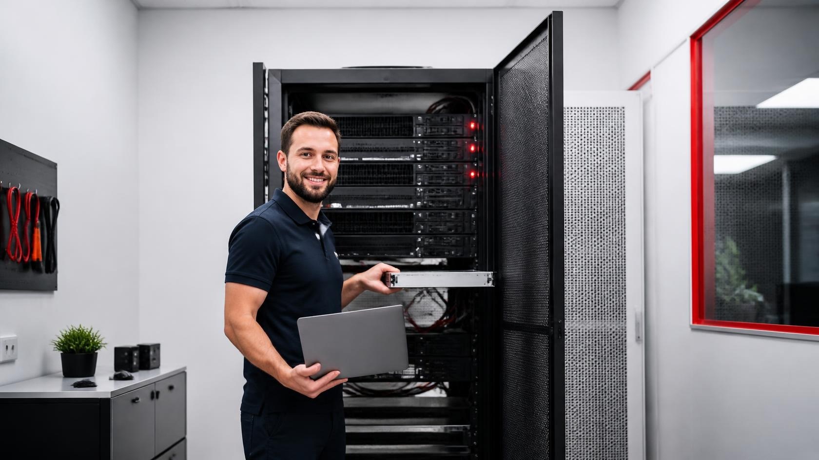Technicien installant du matériel informatique en entreprise