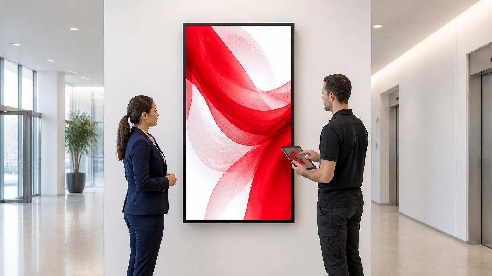 Écran d'affichage dynamique dans un hall d'entreprise