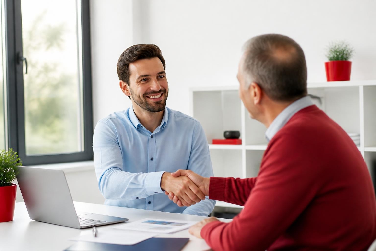 Consultant Avialys accueillant un client pour un audit gratuit
