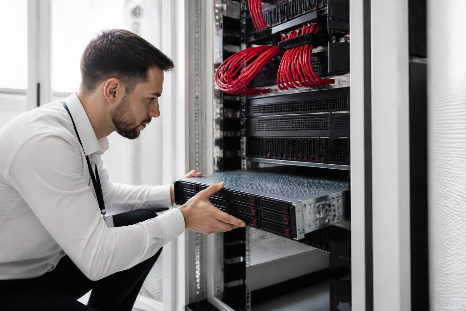 Technicien Avialys installant un serveur en baie